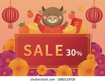 Chinese New Year goods special offer New Year poster, cartoon comic vector illustration