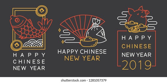 Chinese New Year greeting badge in simple editable thin line style vector illustration