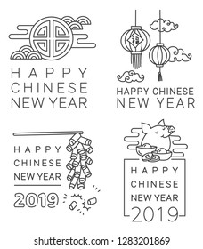 Chinese New Year greeting badge in simple editable thin line style vector illustration