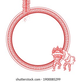 Chinese new year greeting or banner template decorated with Chinese lion dancing near circular frame. Lunar New Year Vector illustration background.