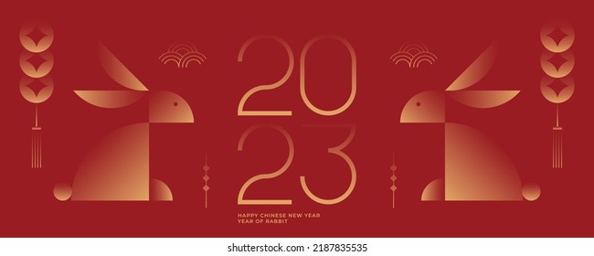 Chinese New Year greeting banner. Year of the Rabbit illustration. Minimal geometric design.