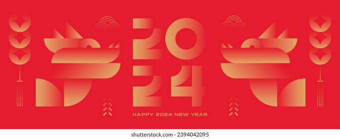 Chinese New Year greeting banner. Year of the Dragon vector illustration. Minimal geometric design.