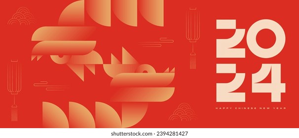 Chinese New Year greeting banner. Year of the Dragon vector illustration. Minimal geometric design.