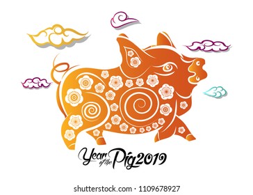 Chinese New Year greeting card. 2019 year of pig in Chinese calendar