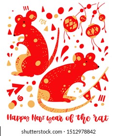 Chinese New Year greeting card with rats, Chinese lanterns and hand drawn lettering - Happy New year of the rat. Vector illustration. Flat style design. Concept for holiday banner, decor element.