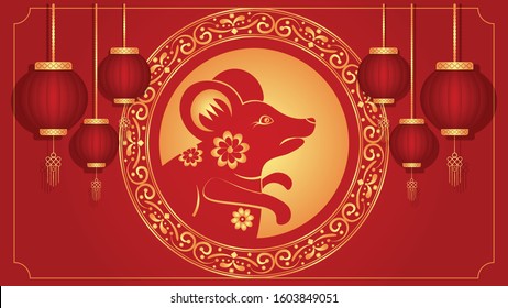 Chinese New Year greeting card. year of the rat. Golden and red ornament. Gradient style design. Concept for holiday banner template, decor element.- Vector illustration.