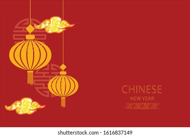 Chinese new year greeting card with gold cloud and lantern on red background