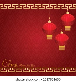 Chinese New Year greeting card with a golden china line and red lanterns on the red background 