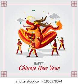 Chinese New Year Greeting card with dragon dance illustration