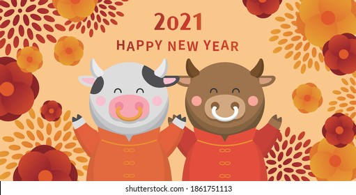 Chinese New Year greeting card with three-dimensional embossed flowers, 2021 with Chinese zodiac ox, gold and red fireworks, flat style design, decorative elements