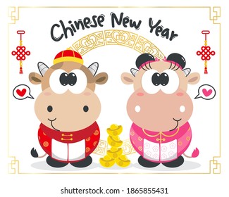 Chinese new year greeting card with cartoon cow boy and girl in chinese costume isolated on white background illustration vector, Year of the ox.
