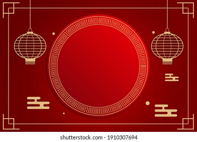 Chinese new year greeting card template with golden round, hanging oriental lantern and chinese pattern on red background.