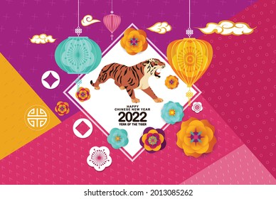 Chinese New Year Greeting Card with White Frame, Peony, Yellow Tiger and Asian Lanterns on Modern Geometric Background. Happy chinese new year 2022, year of the Tiger