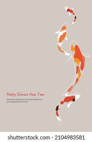 Chinese New Year greeting card design with Japanese koi fishes. Vector illustration, simple sketch drawing style