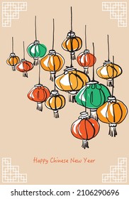 Chinese New Year greeting card design with lanterns. Vector illustration, sketch drawing style