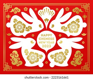 Chinese new year greeting card with lunar zodiac symbol of rabbit for traditional chinas holiday spring festival. Cute bunnies and asian clouds