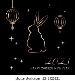 Chinese New Year greeting card with black background and golden rabbit silhouette with golden stars and Chinese lanterns. Vector illustration, greeting card, invitation, poster, banner.