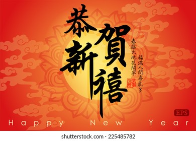 Chinese New Year greeting card design.Translation: Happy New Year.Translation of small text: Spring is coming and bring along with happiness.