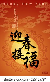 Chinese New Year greeting card design.Translation: Happy New Year.Translation of small text: Spring is coming and bring along with happiness.