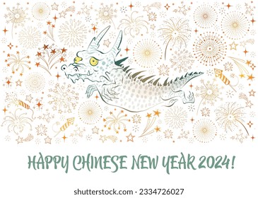 Chinese New Year Greeting card with cute little dragon and gold fireworks in the sky in doodle style on white glowing background. Vector illustration.