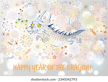Chinese New Year Greeting card with cute little dragon and fireworks in the sky in doodle style on white glowing background. Vector illustration.