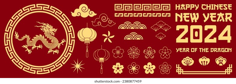 Chinese New Year greeting card, banner with dragon, lanterns, clouds, flowers, stars, typography, asian style element. Vector illustration. Gold festive design elements Isolated on red background	
