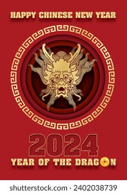 Chinese New Year greeting card ( Year of the dragon 2024) in layers paper cut style and vector design.