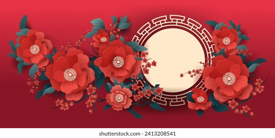 tarjeta de bienvenida china de año nuevo con flores rojas afiche de invitación de volante asiático horizontalmente