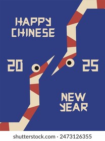 Chinese New Year greeting card design in modern Boho Groovy Abstract style. Y2K  2025 New Year asian Zodiac symbol. Retro naive vector illustration. EPS 10