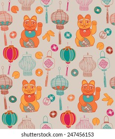 Chinese New Year greeting Card. Vector illustration with Chinese lanterns and lucky cat.