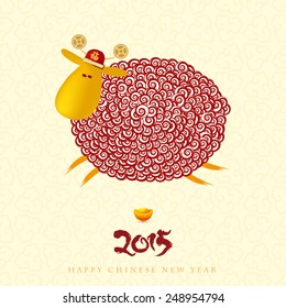 Chinese New Year greeting card  with curly sheep, Chinese characters meaning: happiness.