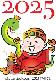 Chinese New Year Greeting Card with God of Wealth, Gold, Silver and Treasures and Year of the Snake