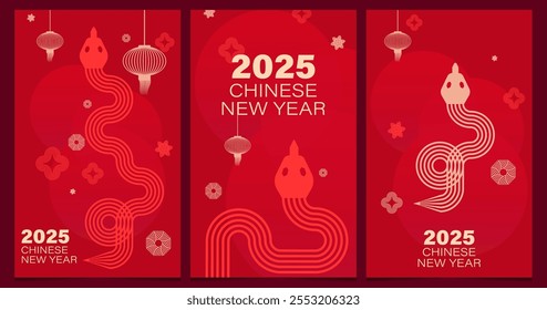 Chinese New Year Greeting Card 2025. Golden snake, lantern, flower theme. Banner, cover, calendar design elements
