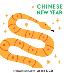 Chinese new year greeting card with snake. Vector flat illustration of hand drawn reptile and stars. Symbol of lunar 2025 new year