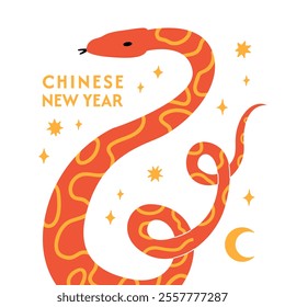 Chinese new year greeting card with snake. Vector flat illustration of hand drawn reptile and stars. Symbol of lunar 2025 new year