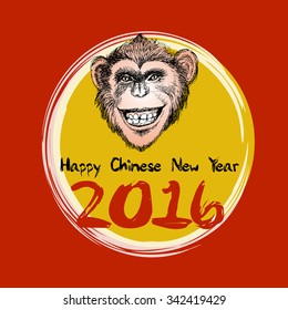 Chinese New Year Greeting Card with Hand Drawn Monkey Head. Symbol of 2016 New Year.