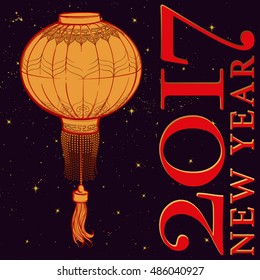 Chinese New Year greeting card. Chinese red lantern on a black night sky background with golden stars. Intricate linear hand drawing.