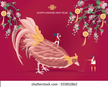 Chinese new year. greeting card Rooster on abstract background with  boy and girl feeding rooster,flower,lantern and text happy chinese new year.