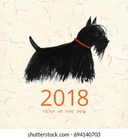 Chinese new year greeting card with dog on rice paper background. Symbol of the year 2018. Scottish terrier in red collar. Traditional oriental ink painting sumi-e, u-sin, go-hua.