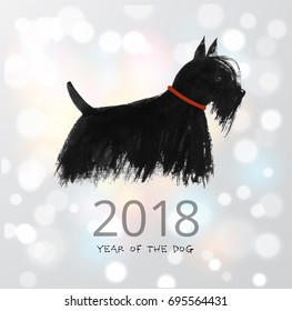 Chinese new year greeting card with a dog on white glowing background. Symbol of the year 2018. Scottish terrier in red collar. Traditional oriental ink painting sumi-e, u-sin, go-hua.