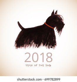 Chinese new year greeting card with a dog in vintage style. Symbol of the year 2018. Scottish terrier in yellow collar. Traditional oriental ink painting sumi-e, u-sin, go-hua.