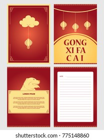 Chinese New Year greeting card with lanterns hanging on cloud and Gong Xi Fa Cai text ornament. Vector illustration