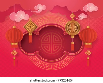 Chinese New Year Greeting Card With Frame Border Asian Art Style, Cloud And Hanging Red Lanterns, Paper Art Vector And Illustration. Mid Autumn Festival.