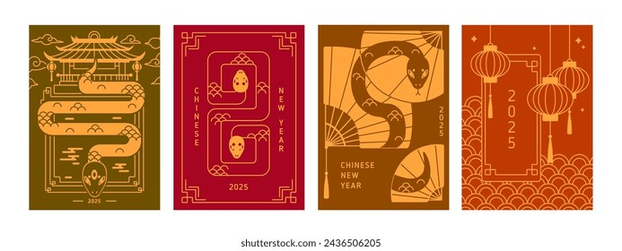 Chinese New Year, greeting cards sets. 2025, China posters designs with snake. Eastern line-art postcards layouts, Asian oriental lunar animal symbol, vertical backgrounds. Flat vector illustrations