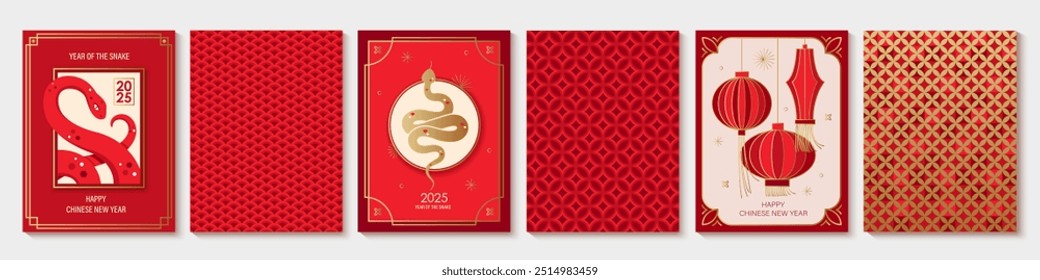 Chinese New Year greeting cards design. Calendar cover. Year of the snake. Snake silhouette, geometric forms, patterns. Red and gold shades. 