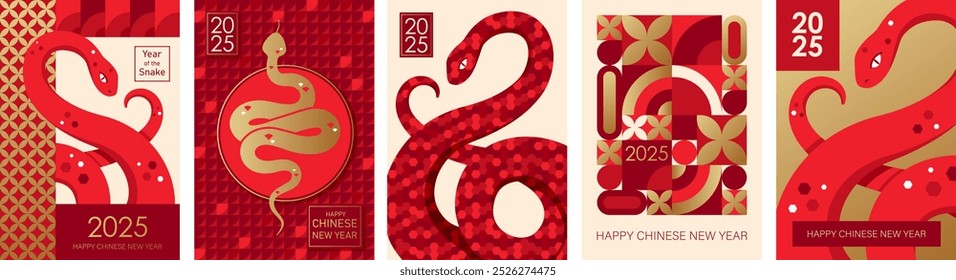 Chinese New Year greeting cards design. Year of the snake. Snake silhouette, geometric forms, patterns. Red and gold shades. 