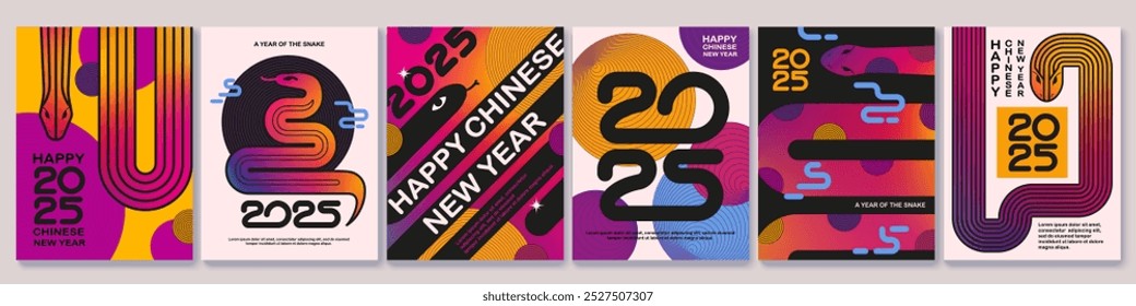 Chinese New Year greeting cards design. Year of the snake. Snake silhouette, geometric forms, patterns. Bright colorful shades, gradients. Line art snakes.
