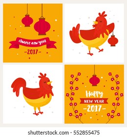 Chinese New Year greeting cards. Cards and banners set with cute rooster, chinese lantern and flowers. New Year 2017 concept cards. 