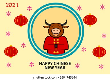 chinese new year greeting design 2021. lantern design and buffalo cartoon for template.