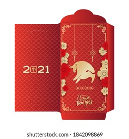 Chinesisches Neujahr Grußgeld Red Packet Ang Pau Design. Eine stilisierte Silhouette eines Stiers, umgeben von Blumen an seinen Seiten. Übersetzung chinesischer Schriftzeichen - Frohes neues Jahr.Die Schnittfläche auf anderen Ebenen